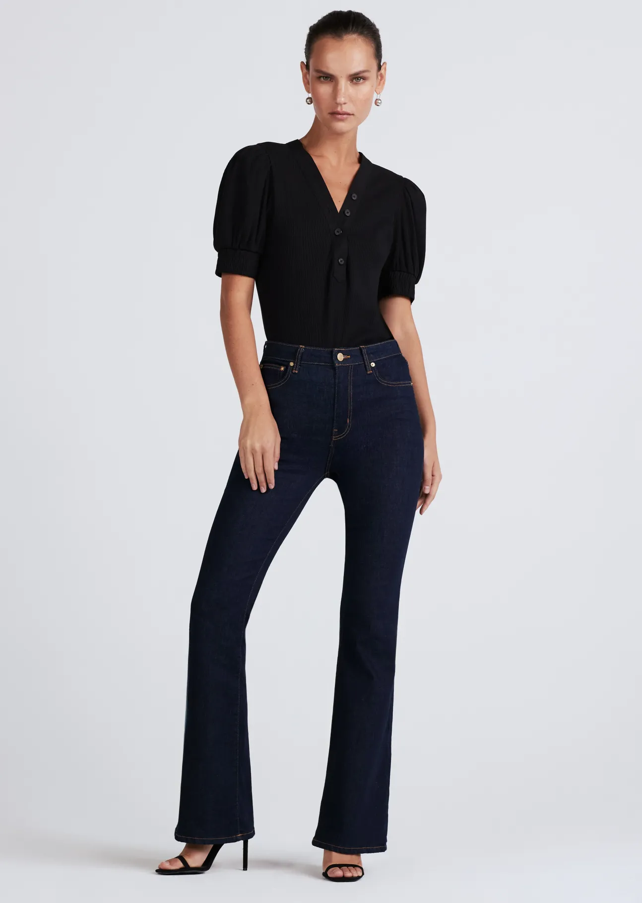 Heather V-Neck Puff Sleeve T-Shirt